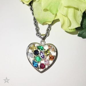 MULTI-COLOR CZ HEART PENDANT NECKLACE 16" LONG